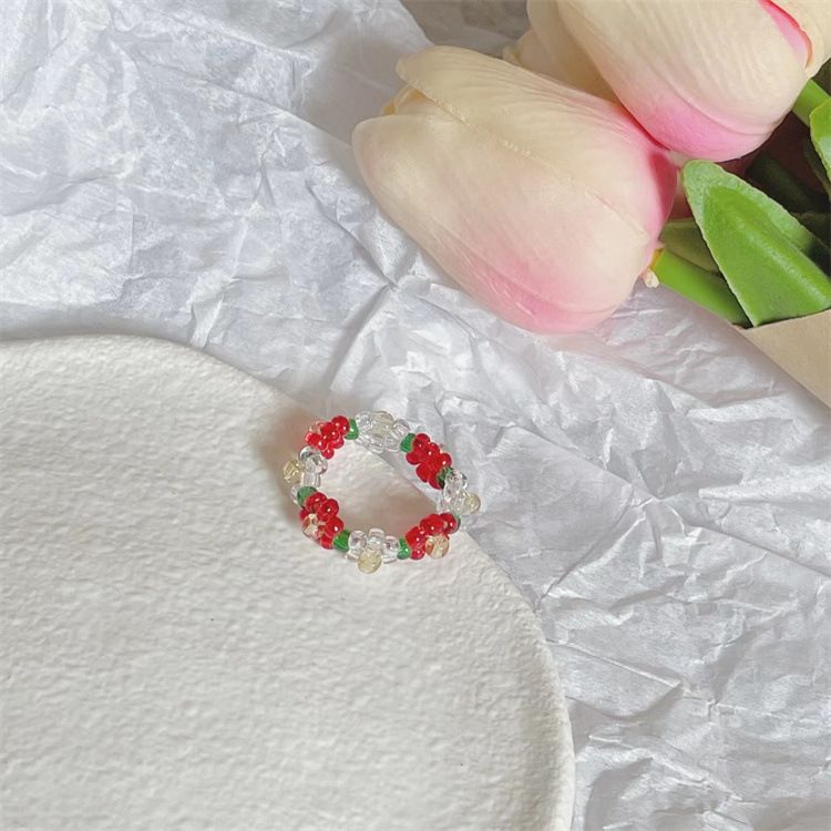 Handwoven Transparent Flower Minimalist Spring Summer New Sweet Fresh Beaded Elastic Ring Women's Jewelry_voghion.com