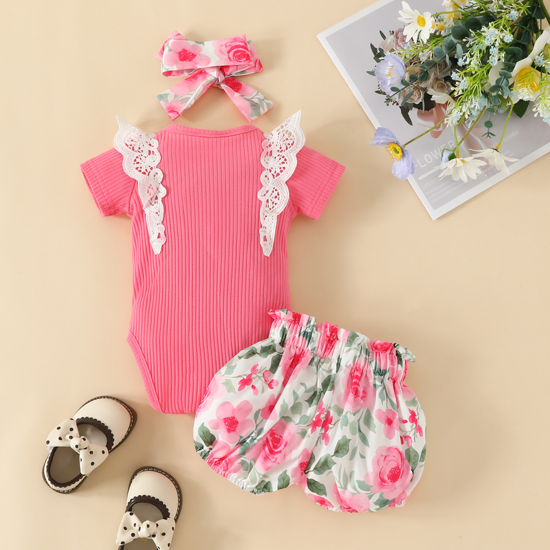 Babies' clothes Summer baby girl lace short-sleeved triangle romper top shorts girls lace letters short-sleeved flower bow tide_voghion.com