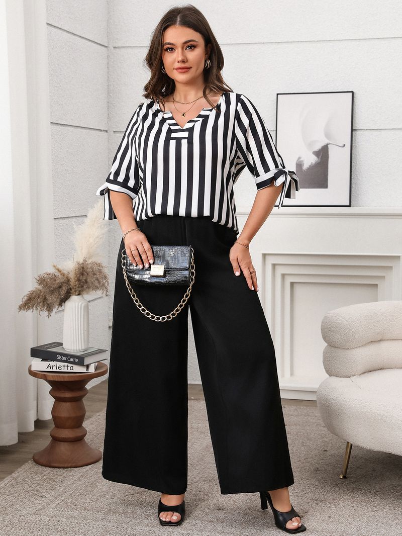 2025 neue Damenmode Plus Größe Lose Casual Gestreiften Top Breite Bein Hosen Set_voghion.com