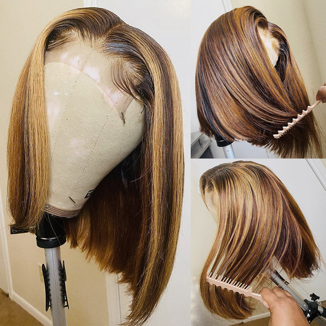 Parrucca Bob corta diritta Evidenziata parrucche frontali in pizzo trasparente per capelli umani per le donne Biondo miele Ombre Evidenzia parrucca in pizzo 13x4_voghion.com
