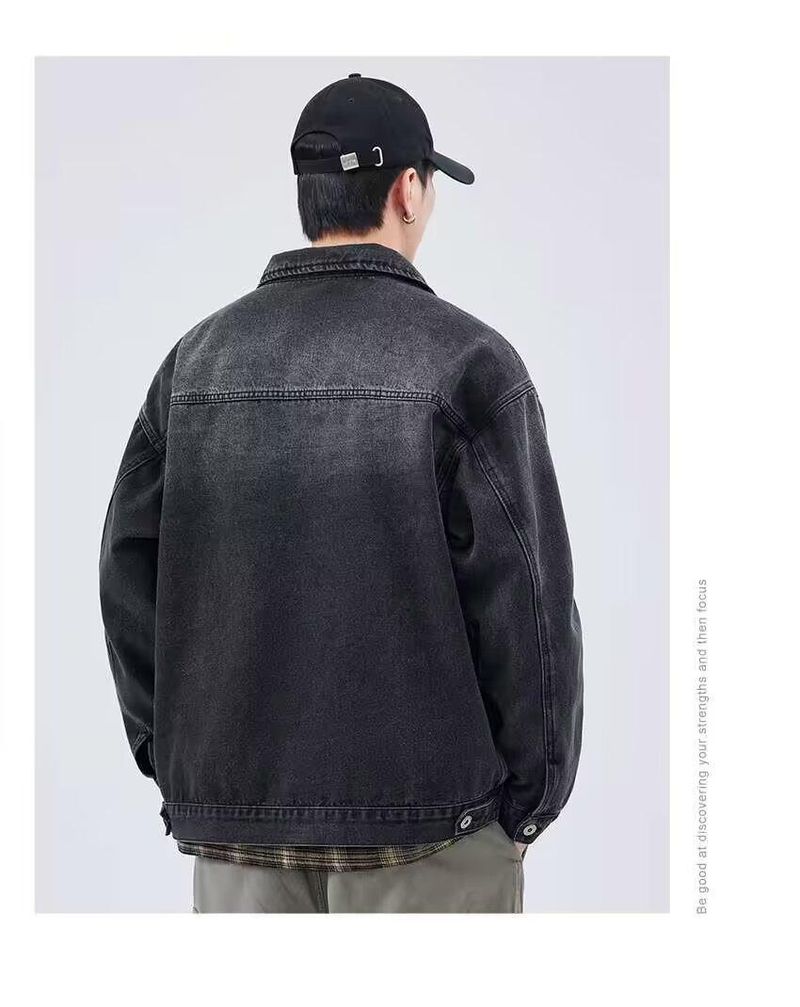 Jaqueta jeans masculina desgastada, casaco de trabalho unissex oversized com bolsos laterais – preto e cinza (M-4XL)_voghion.com