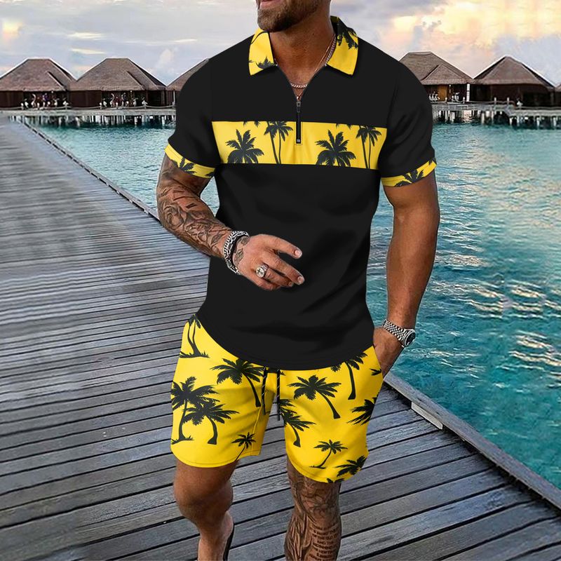 2-piece Men's Summer Holiday Style Outfit Set Short Sleeve Zip Golf Shirt & Waist Drawstring Shorts With Pockets Beach Resorts_voghion.com