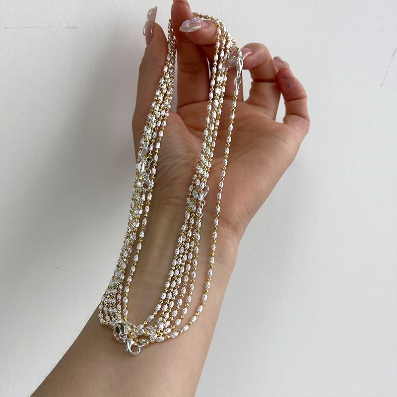 S Pure Silver Italian Carved Rice Bead Bean Necklace For Women Clavicle Chain High-end Color Block N1259_voghion.com