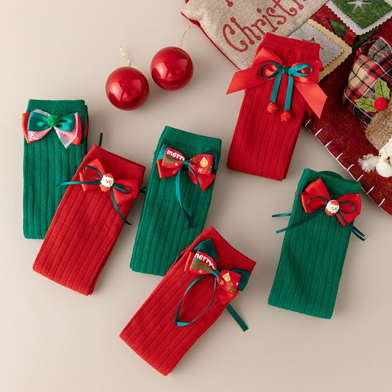 Calcetines para niños Otoño e invierno Calcetines con lazo rojo Calcetines de algodón rojos para niñas Calcetines navideños_voghion.com