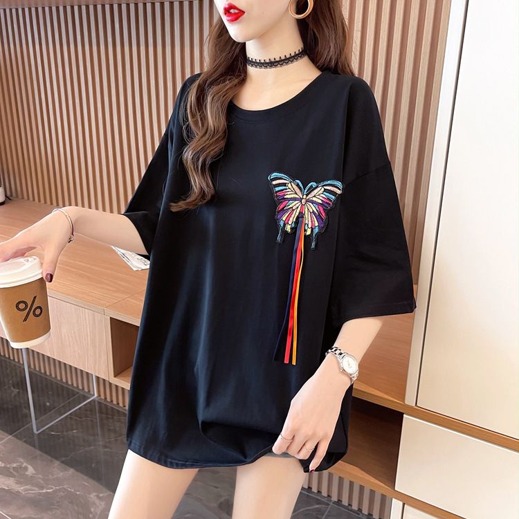 Maglietta a maniche corte con ricamo rosso da donna, versione coreana, stile lungo_voghion.com
