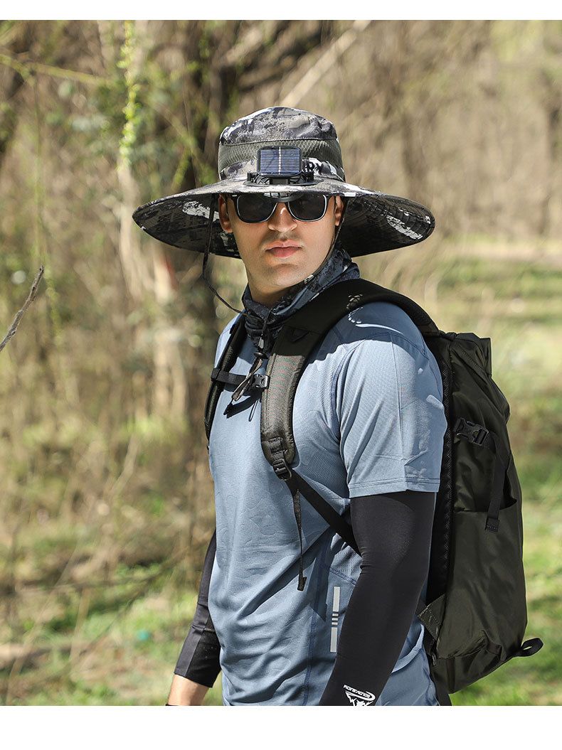 Cappello da uomo con tesa larga e alimentazione solare, con ventola ad alta velocità e batteria ricaricabile, per pesca/escursionismo all'aperto_voghion.com