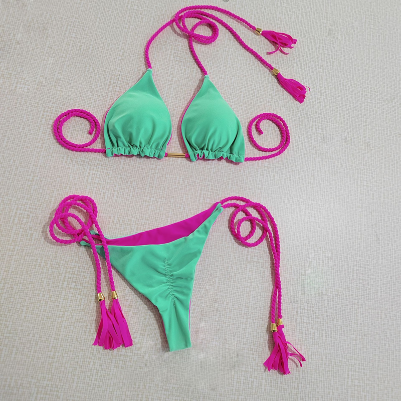 Women's Clothing Bikini Split Sexy Triangle Double Sided Contrast Color Beach Bikini Three Point Style_voghion.com