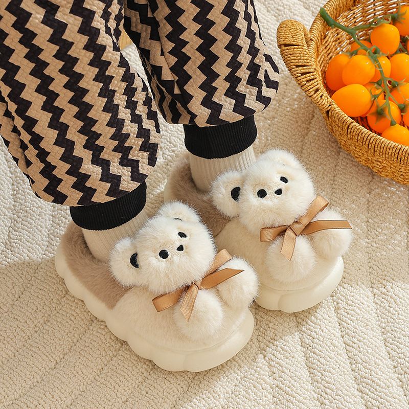 Pantofole invernali in cotone per bambini da donna, con velluto spesso e suola calda e morbida, pelliccia antiscivolo con orsetto dei cartoni animati_voghion.com