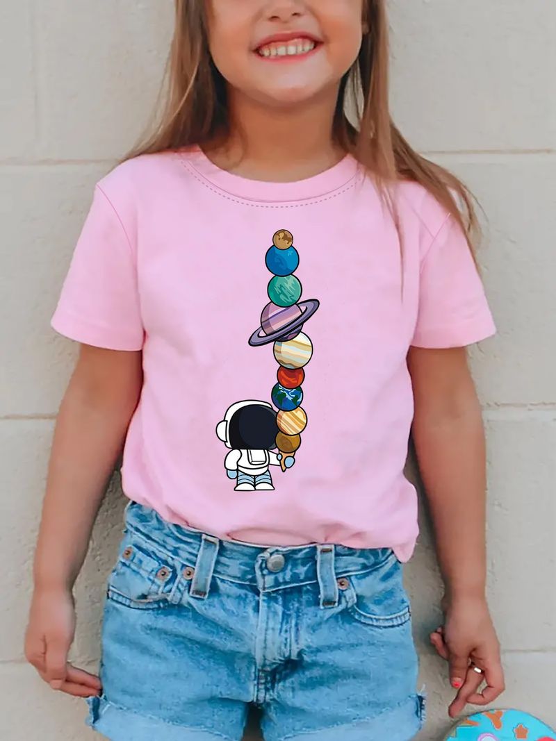Ropa para niños Niñas Elegante camiseta de manga corta con estampado de astronauta Ropa de verano para niños_voghion.com
