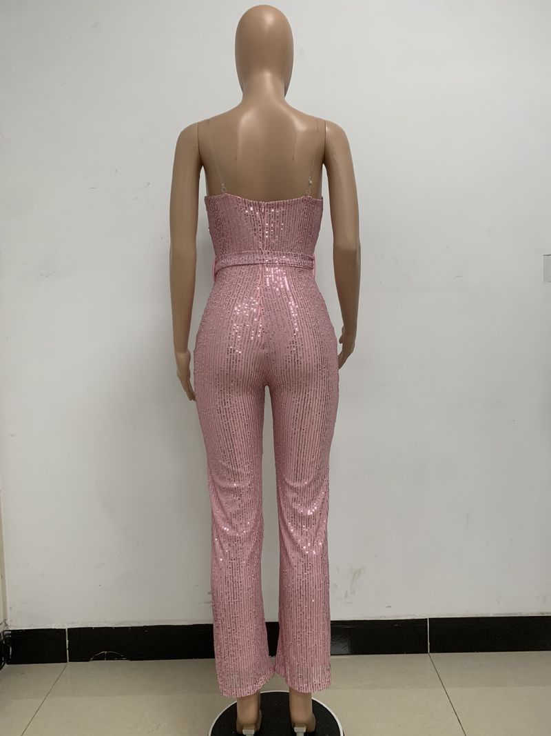 Dametøj Ærmeløs pailletterbæltejumpsuit ensfarvet tubetop rygløs jumpsuit_voghion.com
