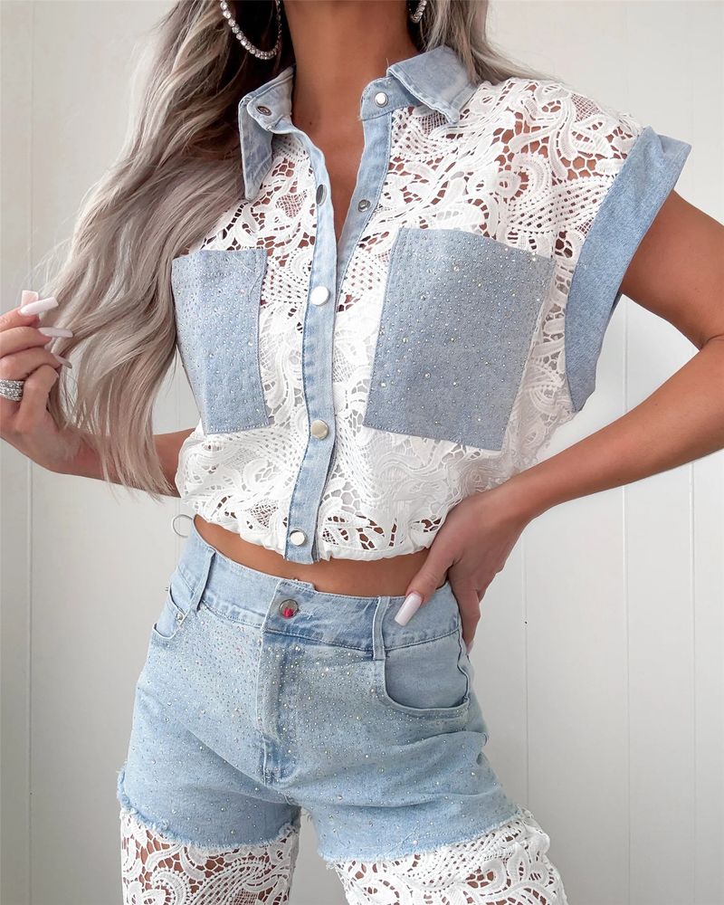 Summer Women's Denim & Lace 2-Piece Set – Cropped Sleeve Top & Straight-Leg Pants (S-XXL) | Trendy Streetwear With Rhinestone Details_voghion.com