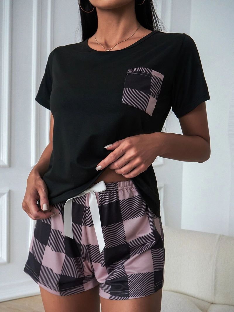 Women's Pajama Set, New Summer Models, Plaid Shorts, Round Neck Short-sleeved Top, Loungewear._voghion.com