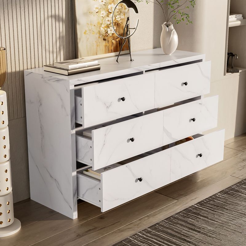 Buffet aspect marbre, 120 cm, 6 tiroirs, poignées en bois noir, sécurité anti-basculement - Meuble de rangement moderne pour la maison_voghion.com