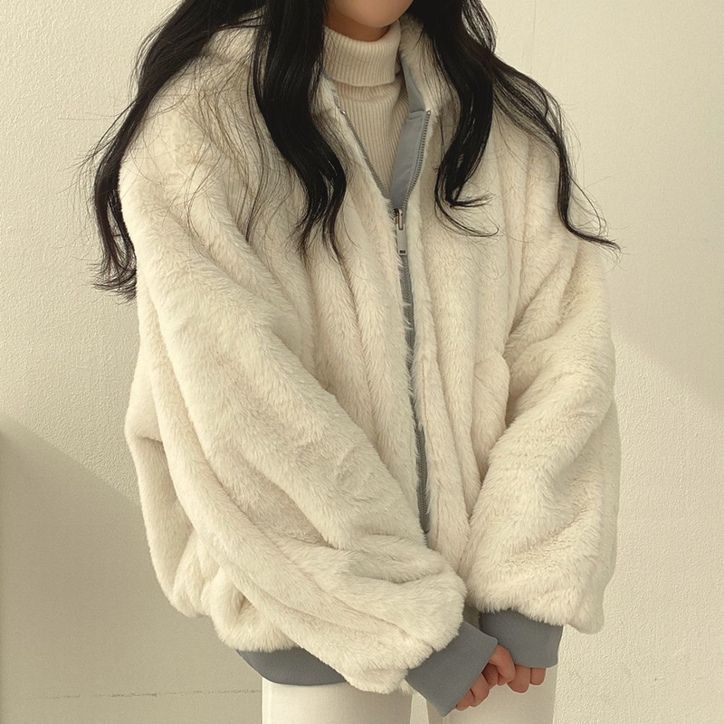 Giacca reversibile Deeptown alla moda coreana Veet in lana d'agnello da donna Haruku con cappuccio oversize tinta unita con zip invernale beige_voghion.com