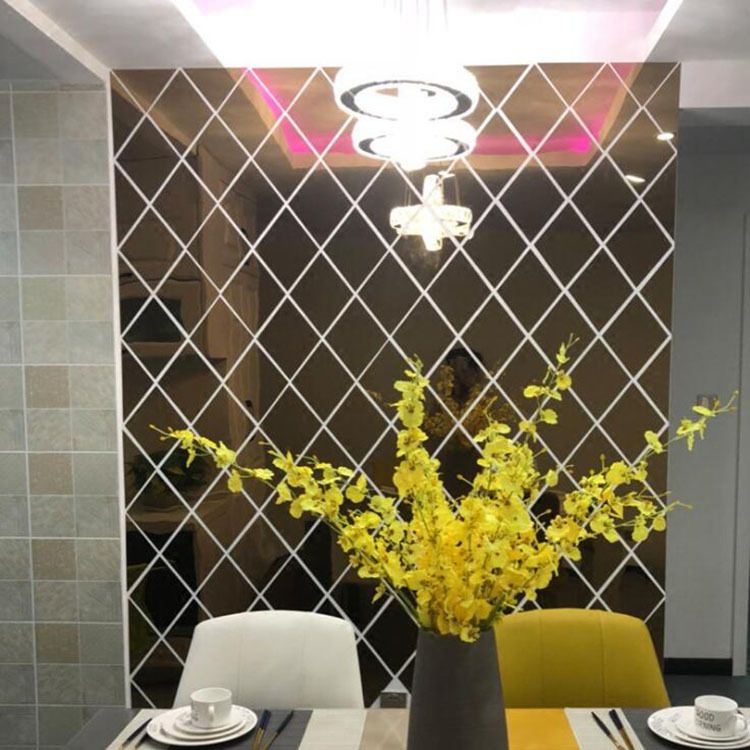 Adesivo de parede decorativo de espelho acrílico com emenda de diamante para hall de entrada TV sofá fundo de parede lente_voghion.com