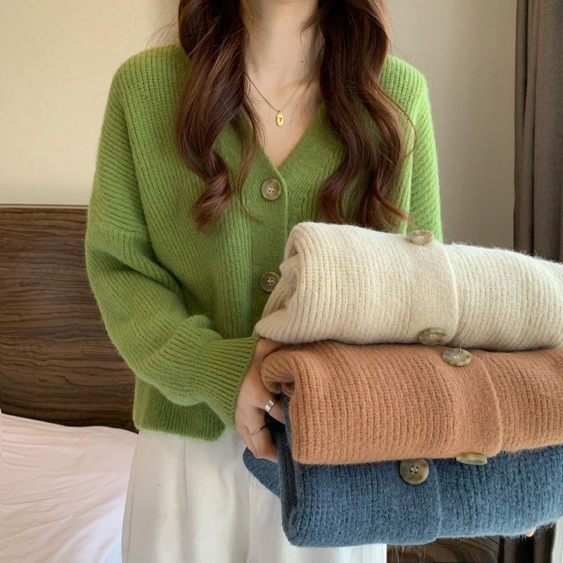 Korean-Style Minimalist Cardigan – Slim-Fit V-Neck Knit Sweater With Single-Breast Buttons, Soft Polyester-Nylon Blend In 5 Elegant Colors_voghion.com