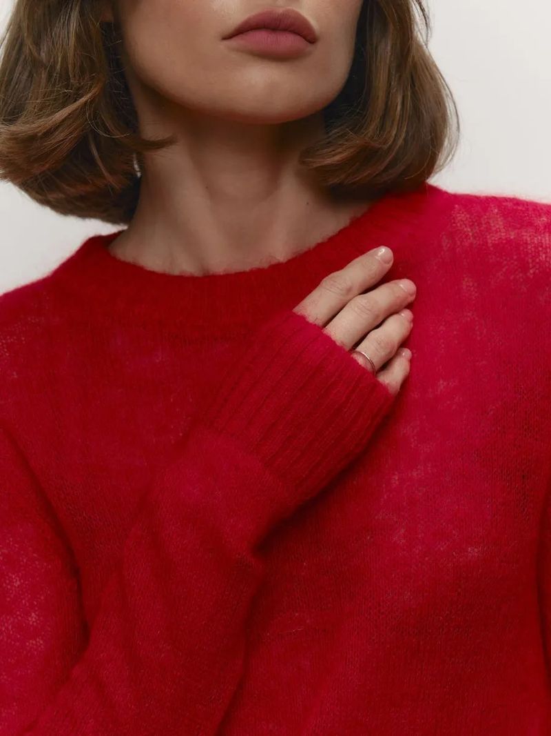 Maglia leggera da donna - Maglione oversize trasparente con scollo rotondo nei colori pastello (cachi, rosso, bordeaux, giallo, menta, azzurro, caramello, rosa)_voghion.com