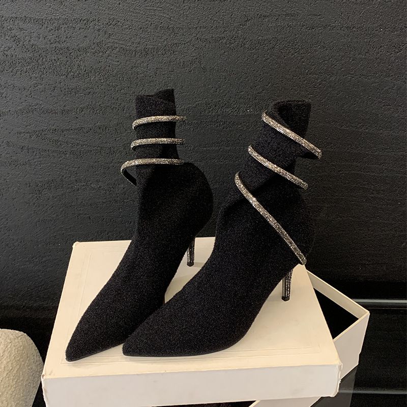 2025 Autumn/Winter New Pointed Toe Rhinestone Short Black High Heel Elastic Knitted Slim Fit Sock Boots For Women_voghion.com