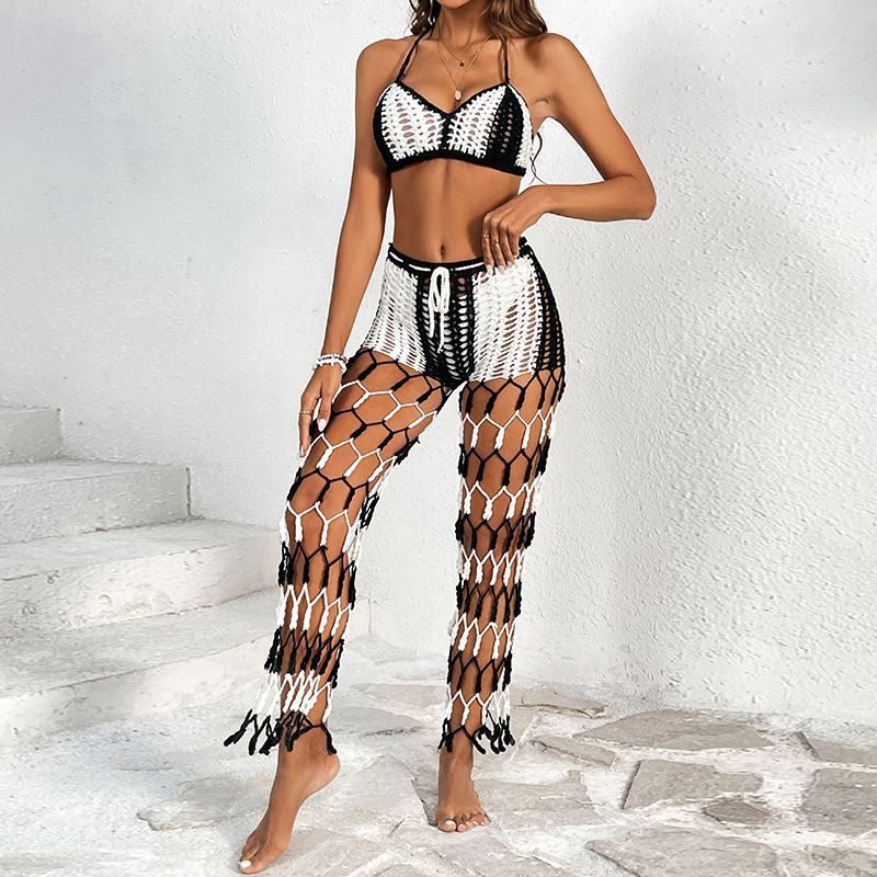 Women's Beach Pants Top Set Mesh Beach Pants Middle Color Hollow Hand Crochet Flower_voghion.com