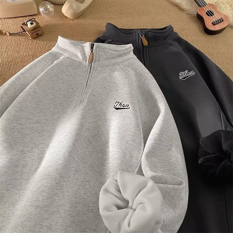 Novo moletom cinza minimalista com gola alta para homens, estilo street hooligans e uma linda jaqueta tipo pulôver com zíper_voghion.com