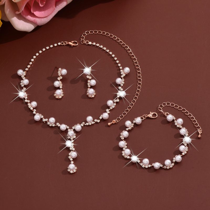 Sunflower Bridal Jewelry Set - Rhinestone & Pearl Necklace, Earrings, Bracelet For Wedding_voghion.com