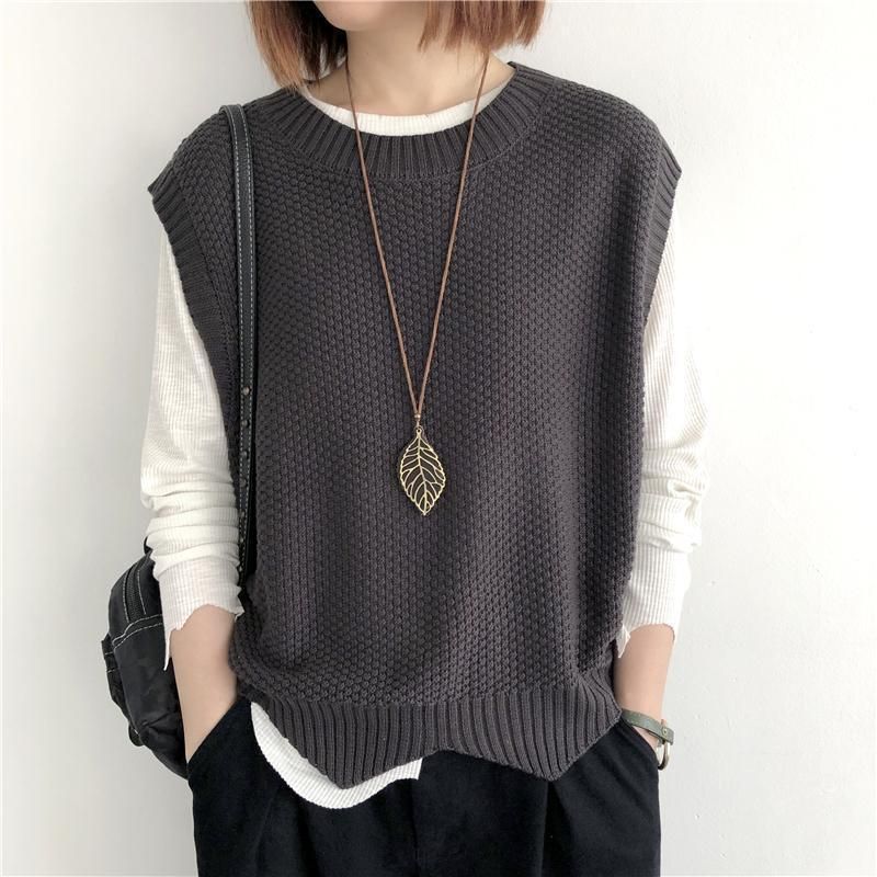 K Women's Knitted Vest; Pure Color, Loose, Round Neck, Irregular Pullover Short Cardigan._voghion.com