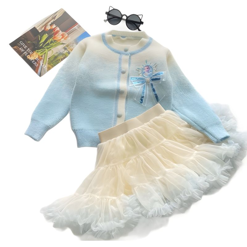 2024 Sonbahar Kış Yeni Tie-Dye Mont Tutu Etek Yürümeye Başlayan Çocuklar İçin Gradyan Elsa Prenses Örgü Kazak Seti_voghion.com