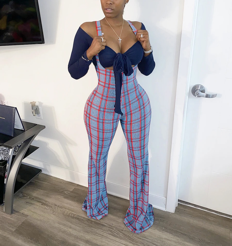 Women's sexy slim line shoulder coat plaid suspenders two-piece set_voghion.com