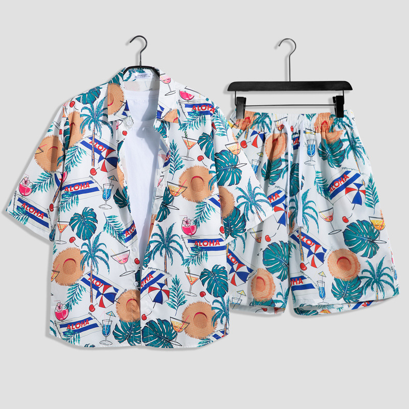 Herenkleding aan zee, strandvakantie, losse heren, plus size paar, trendy bloemenoverhemd met korte mouwen, casual tweedelige set_voghion.com