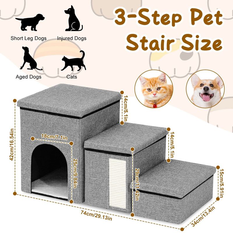 Dog Stairs For Bed And Couch 42cm H, Foldable Dog Stairs For Small Older Dogs Cats, 4 In 1 Adjustable Pet Cat Stairs Steps With Storage, Dog Ramps With Condo, Cat Scratcher, Hold Up To 180LBS_voghion.com