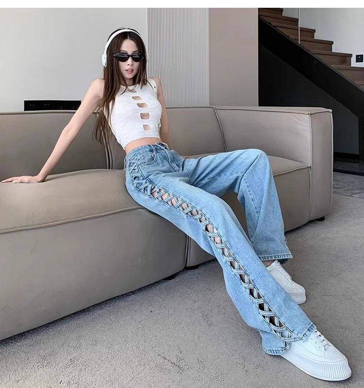 Abbigliamento da donna, design primaverile ed estivo, pantaloni sottili e versatili a vita alta lunghi fino al pavimento_voghion.com