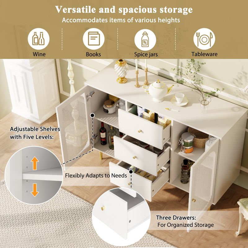 Credenza Weiß 120x90cm Mit Rattantür, Schublade, Holzschrank_voghion.com