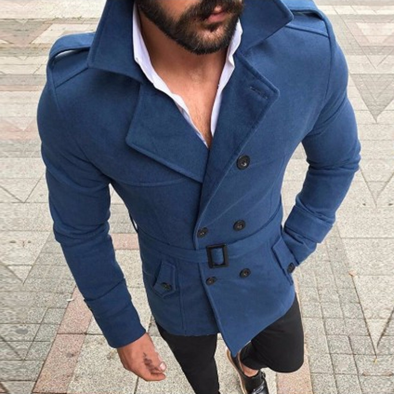 Men's lapel, double breasted casual windbreaker, woolen coat with belt included_voghion.com
