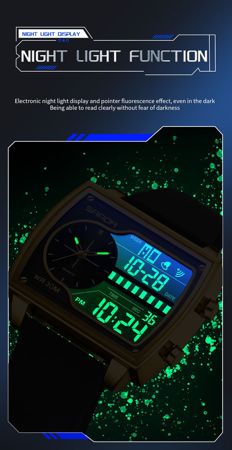 Multifunctional Digital Analog Quartz Watch With Alarm, Stopwatch, Waterproof & Night Light - Stylish Unisex Design Alarm Clock Square Watch_voghion.com
