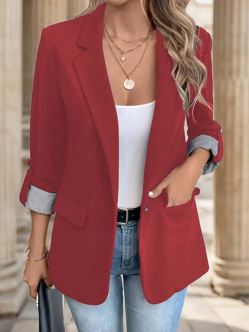 Blazer elegante com botões e ajuste elástico para mulheres - Jaqueta de escritório com manga curta e ajuste fino e bolsos funcionais, disponível em várias cores_voghion.com