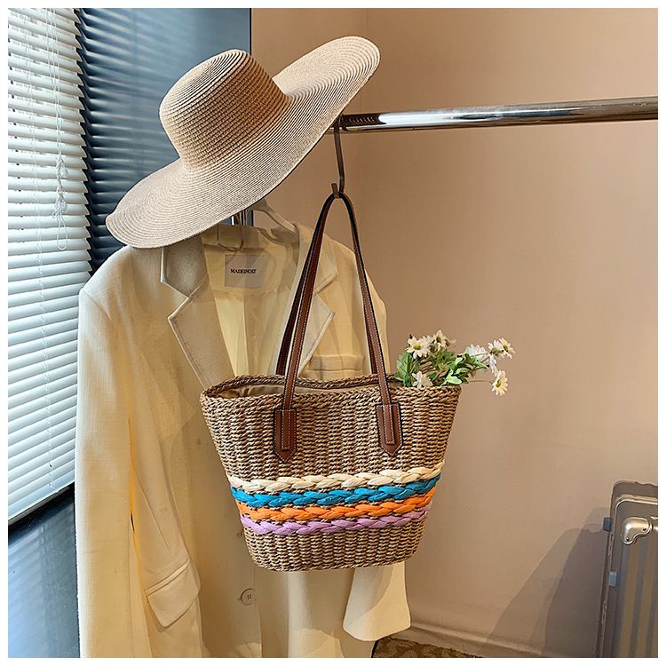 Straw Bag Woven Bag Boho Style Single Shoulder Straw Bag Rainbow Stripe Braided Bag Seaside Holiday Beach Bag_voghion.com