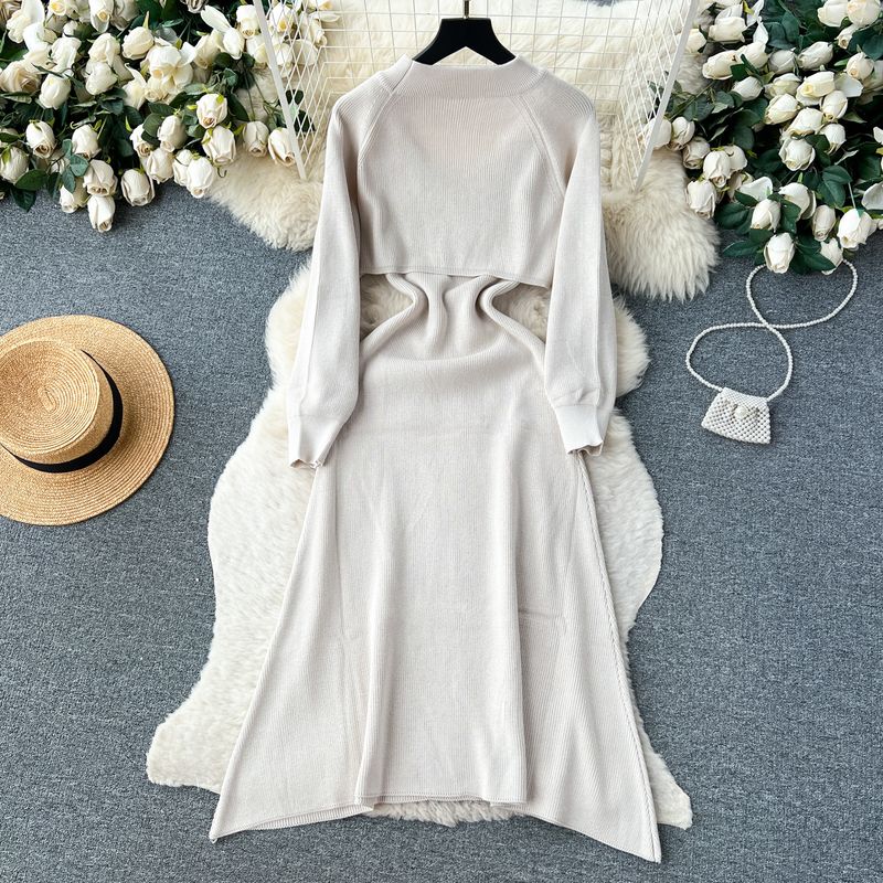 Damenbekleidung Langärmliges Strickpulloverkleid für Damen, neuer Hüftrock mit Hosenträgern für Herbst und Winter + zweiteiliges Set mit hochwertigem Schal_voghion.com