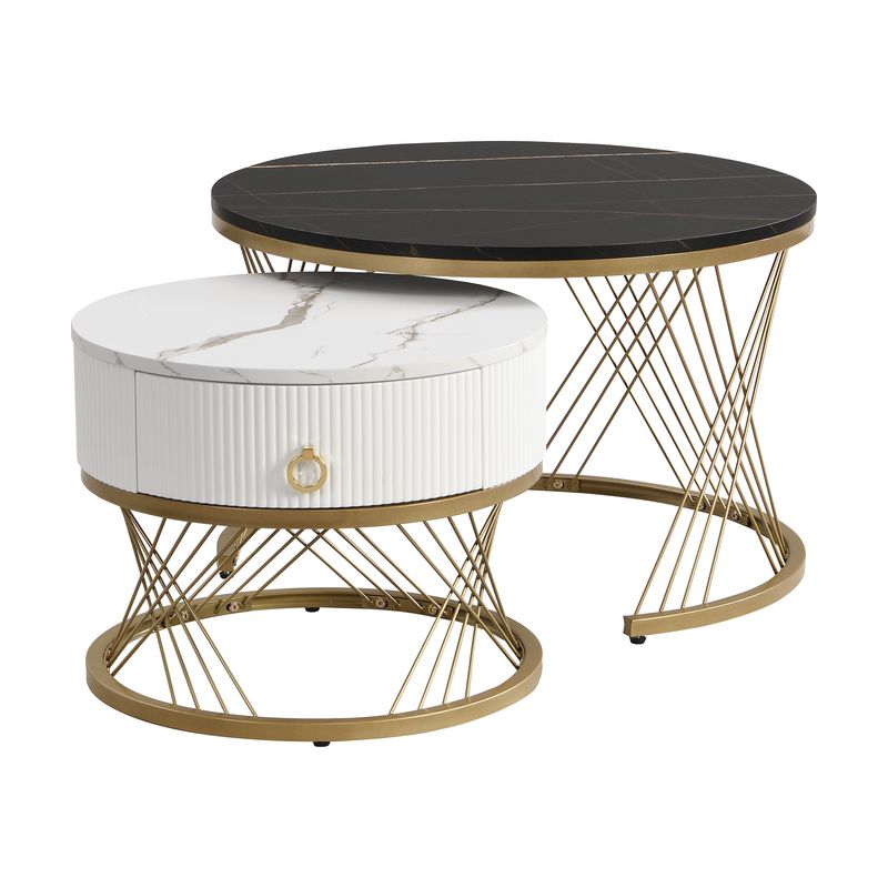 Ensemble de tables basses modulaires élégantes : aspect marbre avec touches dorées, tables d'appoint gigognes avec tiroirs – Ensemble 2 pièces_voghion.com