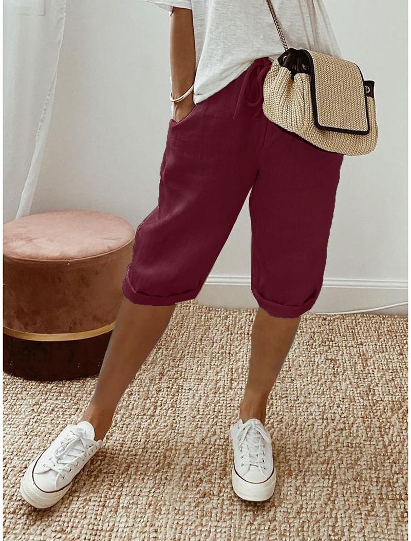 Women's cotton and linen pocket elastic casual pants women's pants quarter pants_voghion.com