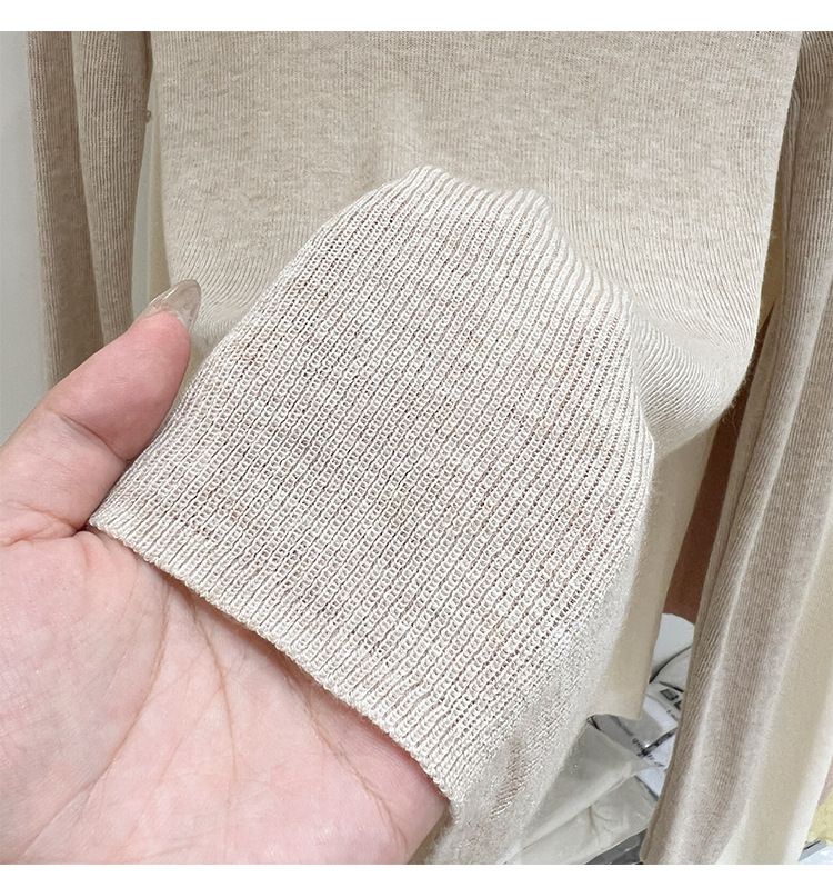 Green Long Sleeve Knitted T-Shirt For Women Summer 2024 New Simple Versatile Regular Shoulder Base Shirt Thin Style_voghion.com