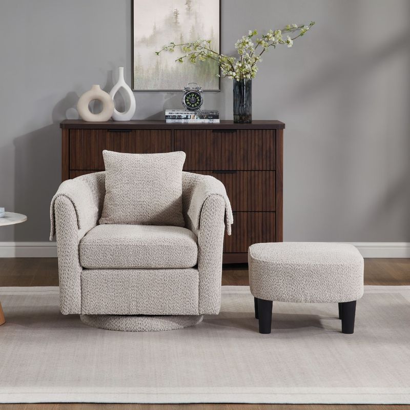 Swivel Accent Chair With Ottoman Set, Modern Chenille Barrel Armchair With Removable Back Pillow & 2 Armrest Covers For Living Room, Bedroom, Office, Gray_voghion.com