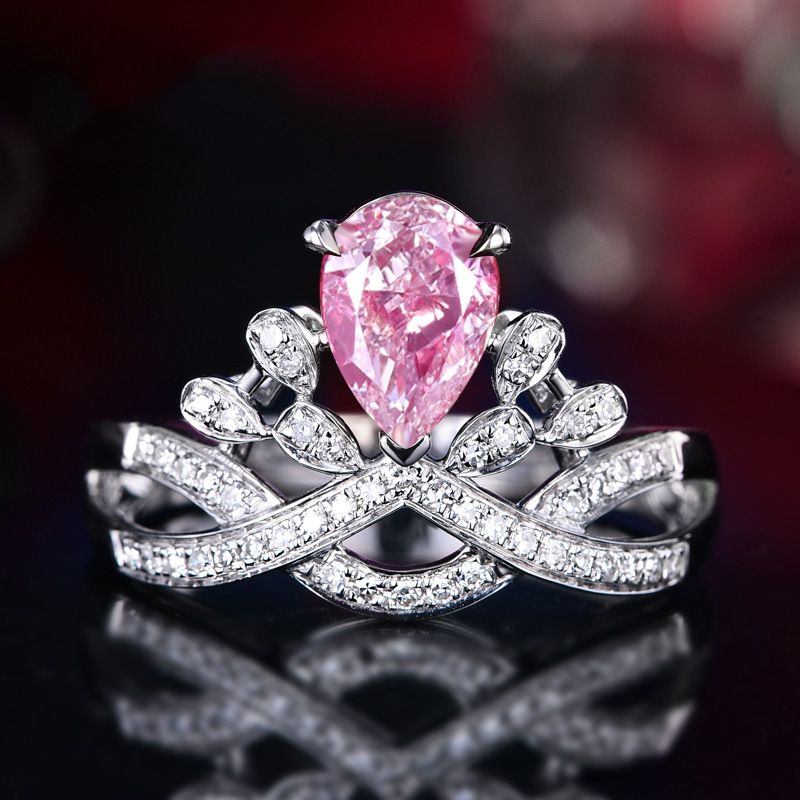 Anello di fidanzamento colorato con diamanti simulati a forma di corona a forma di pera, di lusso, Zhenrong_voghion.com
