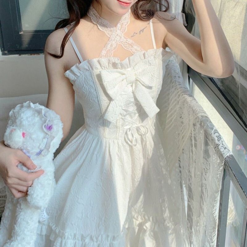 2025 Vestidos De Mujer Nette Sommer Kleider Für Frauen Lolita Stil Japanischen Süßen Robe Femme Bandage Bogen Rüschen Weiß Kleid_voghion.com
