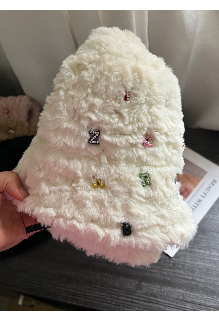 Plush Handmade Letter Diamond Fisherman Hat For Women Autumn And Winter All Match Warm And Cold Proof Fashionable Bucket Basin Hat_voghion.com