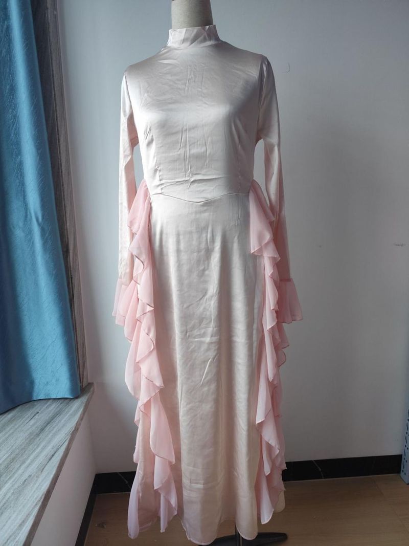 Elegant High Waist Flare Sleeve Lace Trim Dress - Fall Women's Office & Party Flowy Midi Dress With Round Neck, Stretchy Polyester, Wrinkle-Free_voghion.com