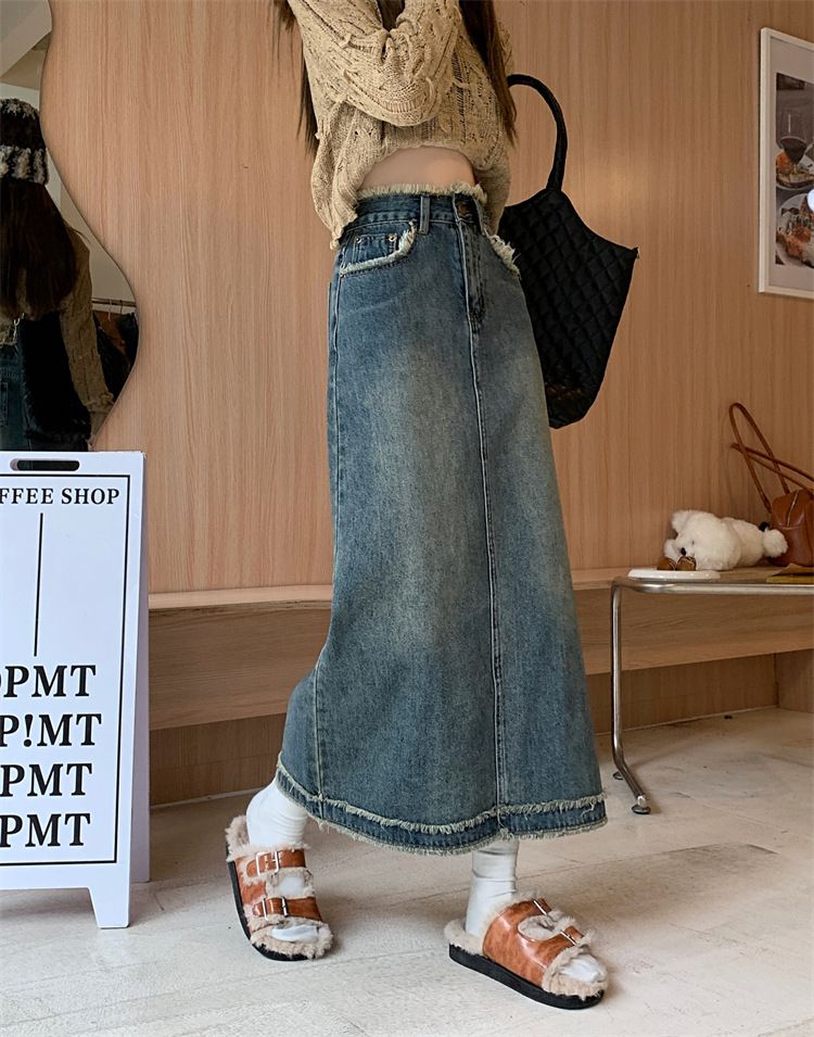 Fino Instagram Verão Cintura Alta Corpo Pequeno Denim A-line Design de Borda Desfiada Sensação Reta Tubo Envolto Quadril Comprimento Médio_voghion.com