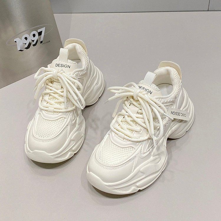 Dad's Sponge Cake Dicke Sohlen, Erhöhte Mesh-Oberfläche, Atmungsaktive Damenschuhe, Kleine Weiße Schuhe_voghion.com