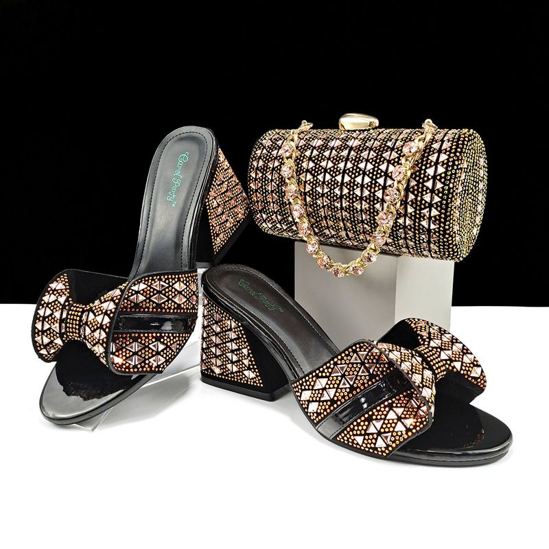 Set di scarpe e borse da donna Pantofole estive con tacco alto Decorazioni in strass color block Borsa cilindrica_voghion.com