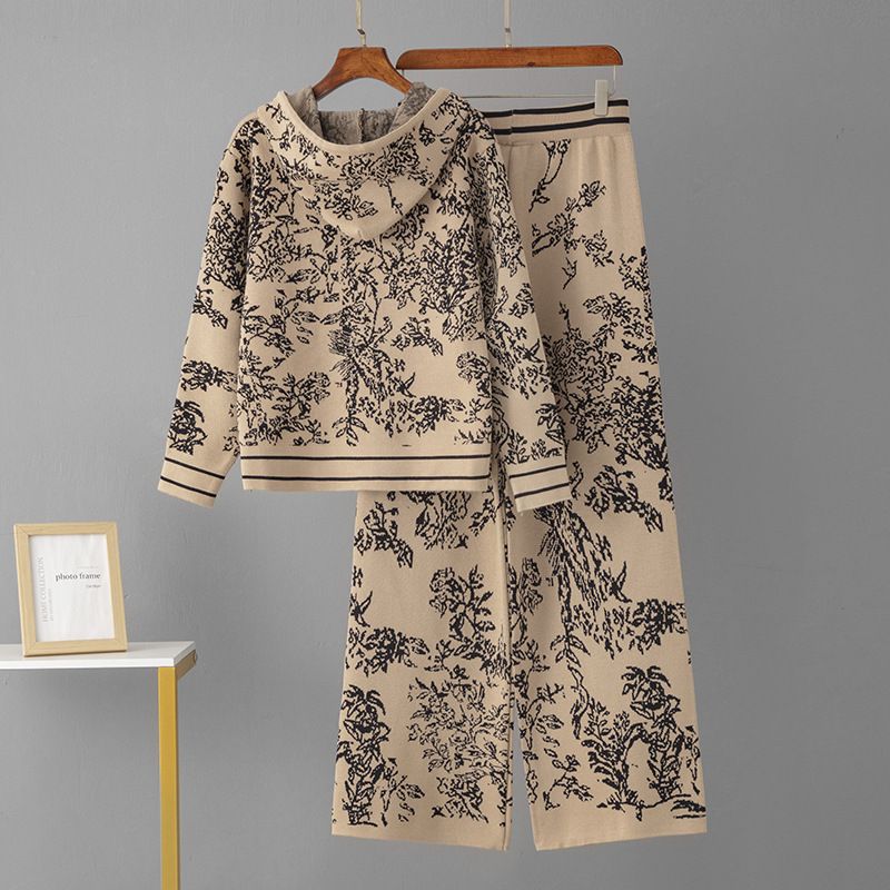 Trendy Embroidered Jacquard Loungewear Set - Flowy Long Sleeve Knit Top & Wide-Leg Pants, Oversized Fit, One Size, Spring Collection_voghion.com