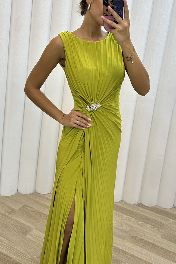 Damenbekleidung neuer Stil Plissee Schlitz Freizeitkleid INS ärmelloses Modekleid Abendkleid für Damen_voghion.com